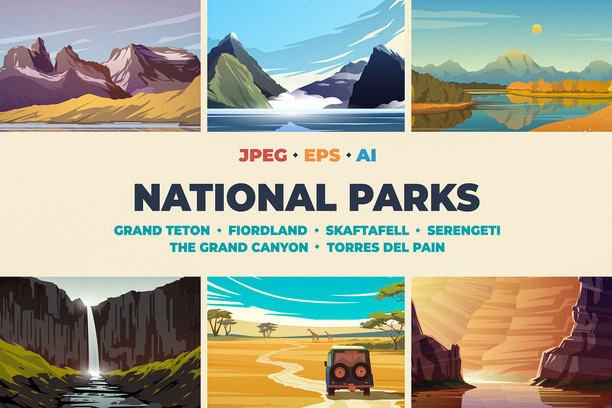 Six Illustrations of National Parks, a Person Illustration by Red Monkey (Photo 1 of 4)