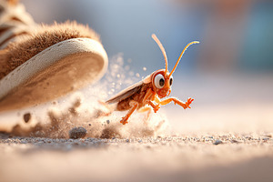 Grasshopper escapes danger from a shoe in a sunny outdoor setting, a Photo by AlyaAnd