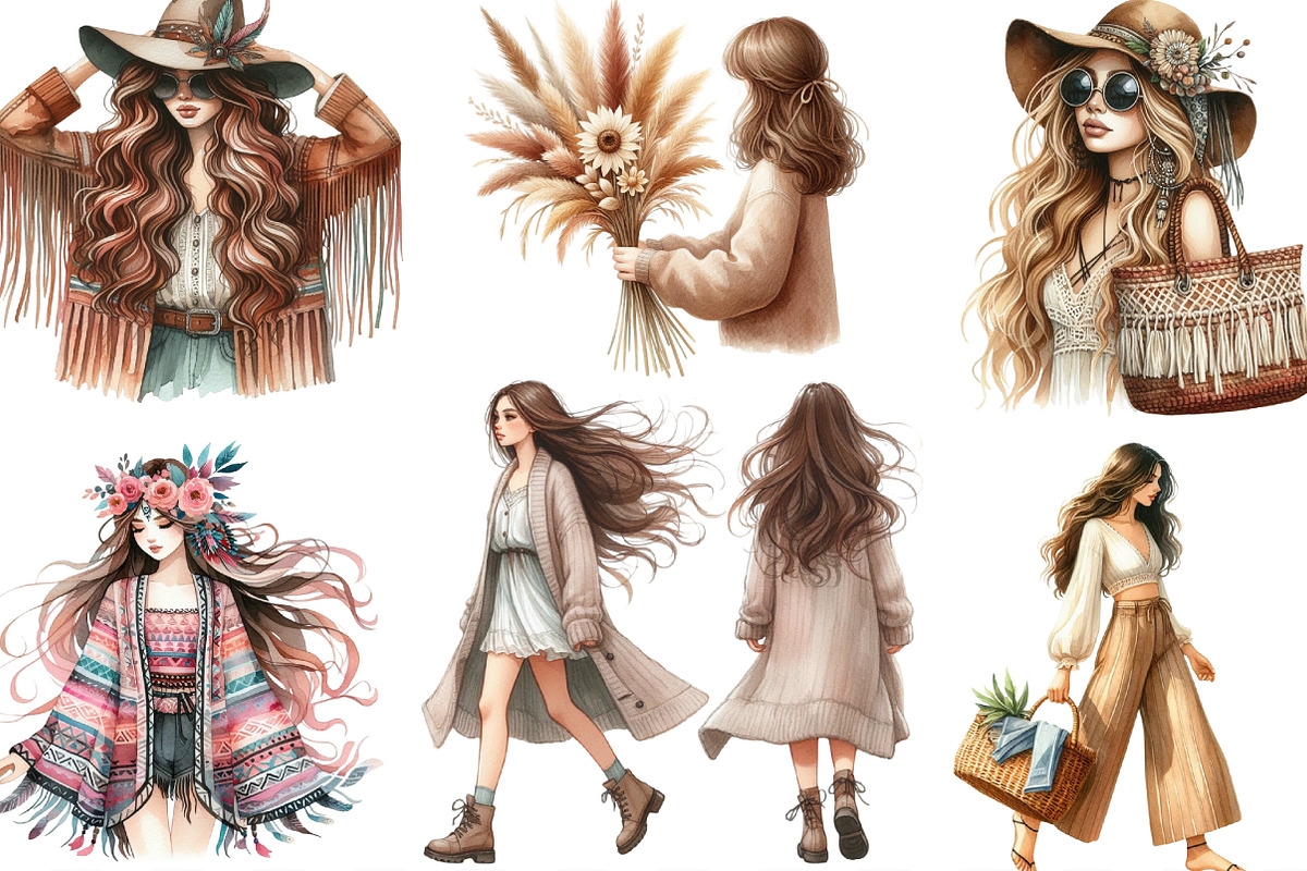 Watercolor Boho Girls Clipart, an Illustration by Designking (Photo 3 of 4)