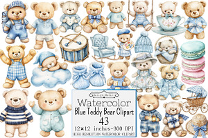Watercolor Blue Teddy Bear Clipart, a Seasonal Illustration by Design Market