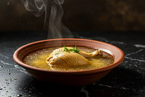 Hot chicken broth with whole chicken, a Food & Drink Photo by professorinc