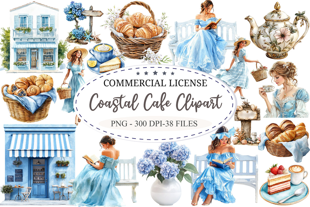 Watercolor Coastal Cafe Clipart, a Seasonal Illustration by designcity5 (Photo 1 of 5)
