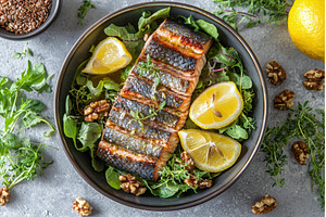 Grilled salmon salad with lemon, a Food & Drink Photo by Rodica Ciorba