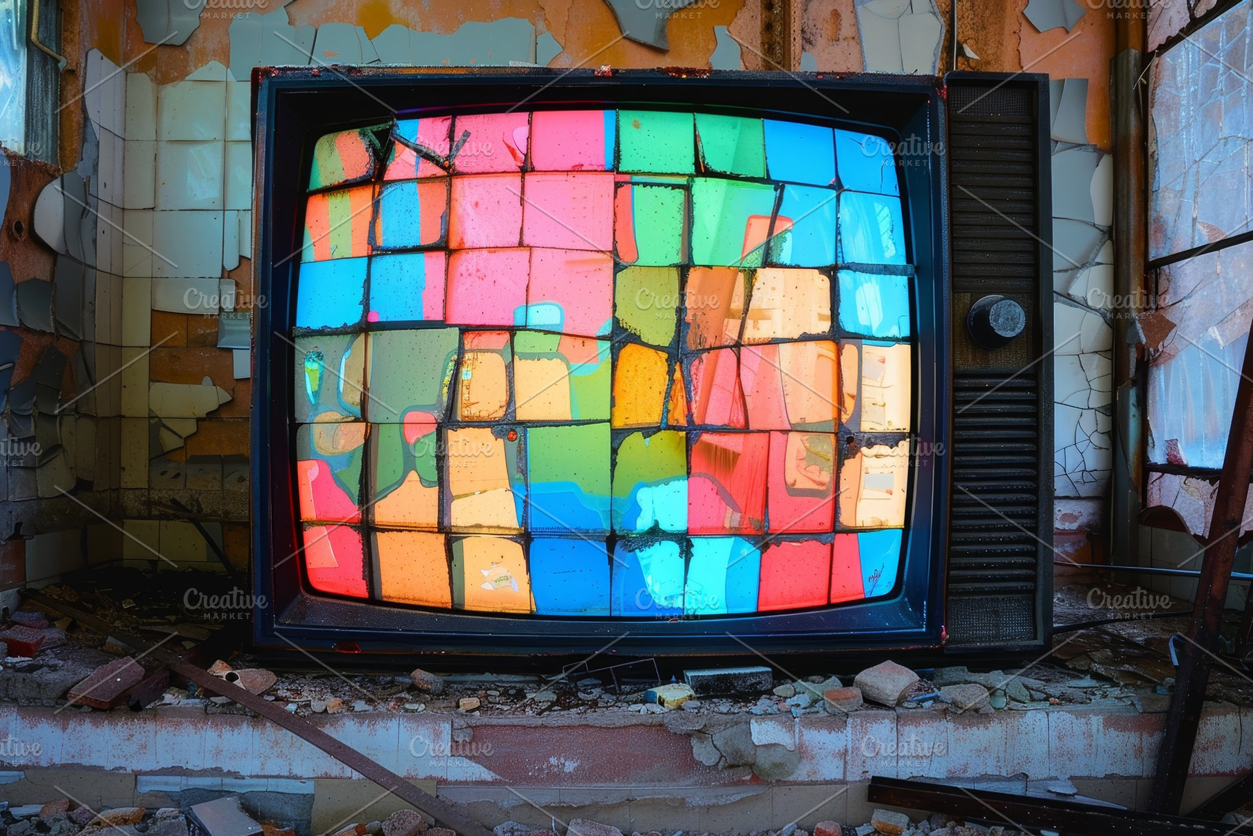 Old television set displaying a vibr, a Photo by Iftikhar Alam