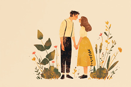 Charming illustration of couple holding hands surrounded by floral elements, an Illustration by AS photostudio