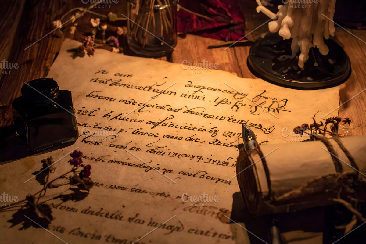 Ancient parchment with handwritten text and ink bottle nearby, a Background Photo by GoodGoods (Photo 1 of 2)