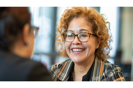 mature Hispanic woman smiles while, a Business Photo by Lermont51