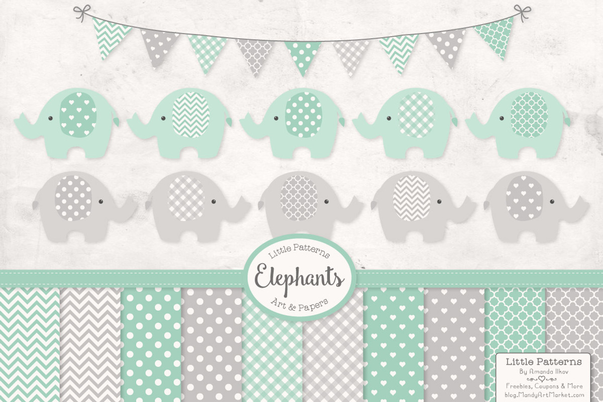 Mint Elephant Clipart & Patterns, an Illustration by Amanda Ilkov (Photo 1 of 3)
