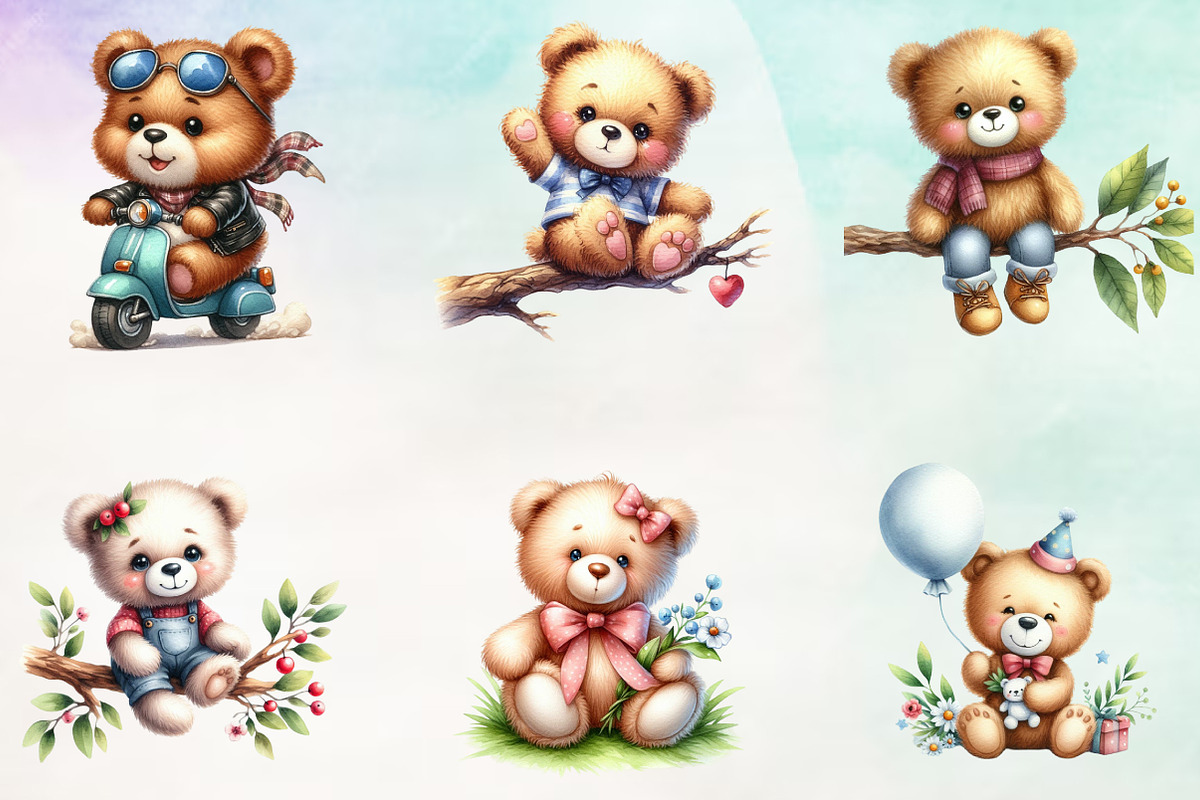 Watercolor Teddy Bear Clipart Bundle, an Animal Illustration by Craft Nest (Photo 2 of 3)