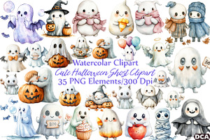 Cute Halloween Ghost Clipart, an Illustration by DreamCafeArt
