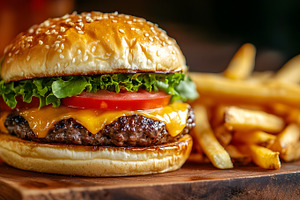 Cheeseburger with lettuce tomato and fries, a Food & Drink Photo by Photostock