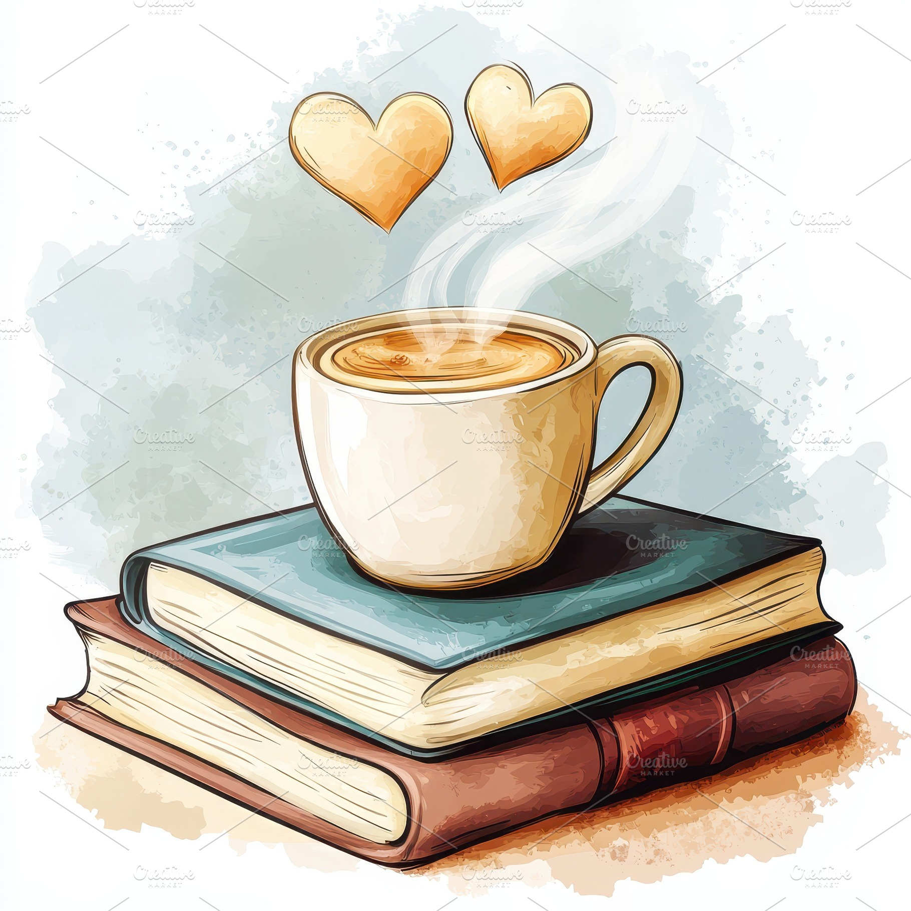 A warm coffee cup rests on books wit, a Food & Drink Photo by Pixeness Studio