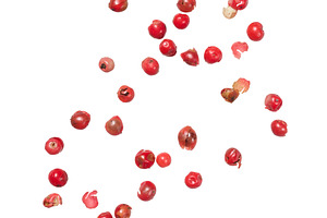 A collection of pink peppercorns arranged in a curved pattern on, a Food & Drink Photo by ndanko