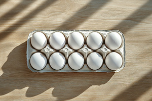 Fresh white eggs in carton box, a Food & Drink Photo by AlyaAnd