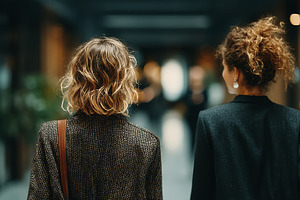 Two professional women walking confidently in a modern office hallway, a Person Photo by AS photostudio