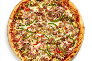 Italian style pizza with vibrant bell peppers, red onion, sausag, a Photo by Studio ANNA
