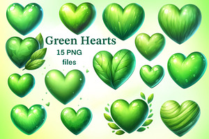 Green hearts PNG clipart set