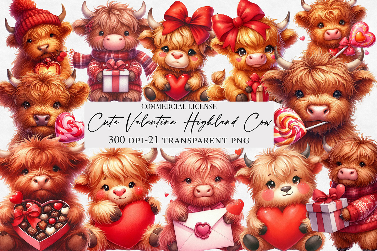 Cute Valentine Highland Cow Clipart, an Illustration by Designworld (Photo 1 of 6)