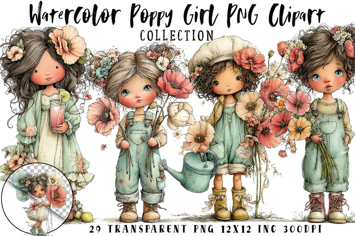 Watercolor Poppy Girl PNG Clipart, a Seasonal Illustration by OK Design (Photo 1 of 6)