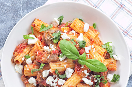 Rigatoni alla Norma pasta with eggplant, tomato, basil, ricotta salata, vertica