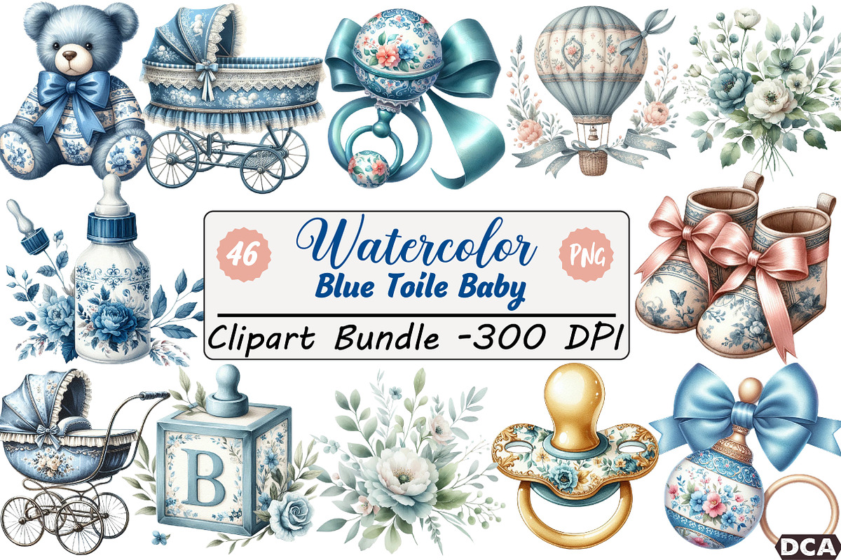 Blue Toile Baby Clipart, an Illustration by DreamCafeArt (Photo 1 of 6)