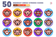 50 Monkey Emoji Stroke Icons, an Emoji Icon by Dighital (Thumbnail 1 of 10)
