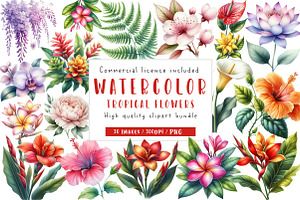 Watercolor Tropical Flowers Clipart, an Illustration by CreationArt