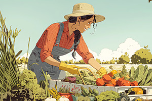 Woman arranging fresh harvest vegetables in farm field under sunny sky, an Illustration by AS photostudio