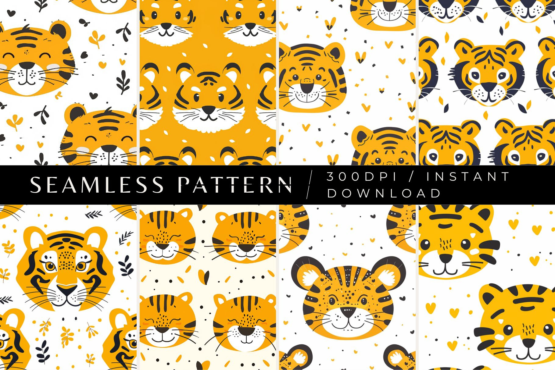 8 Tiger Face Seamless Patterns, a Pattern Graphic by Inknfolly