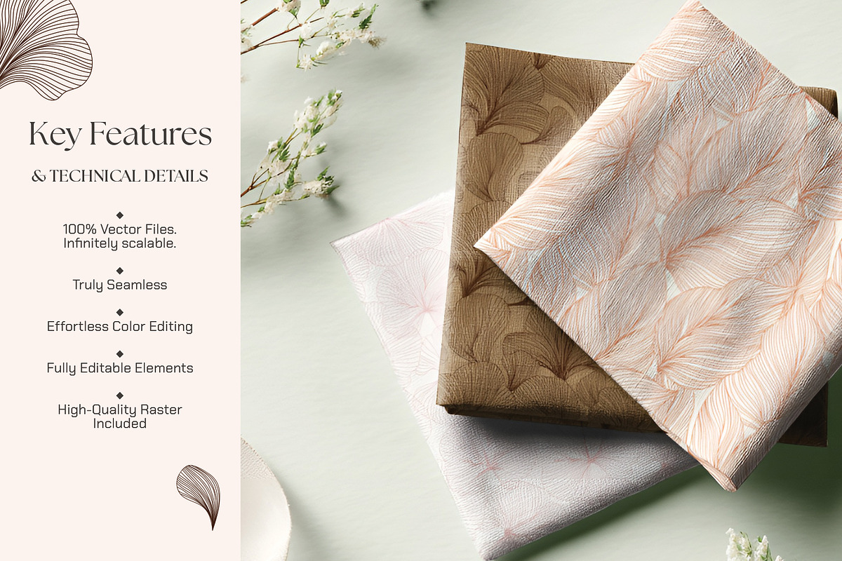 Line Art Leaf Seamless Patterns, a Pattern Graphic by Momosama Studio (Photo 2 of 5)
