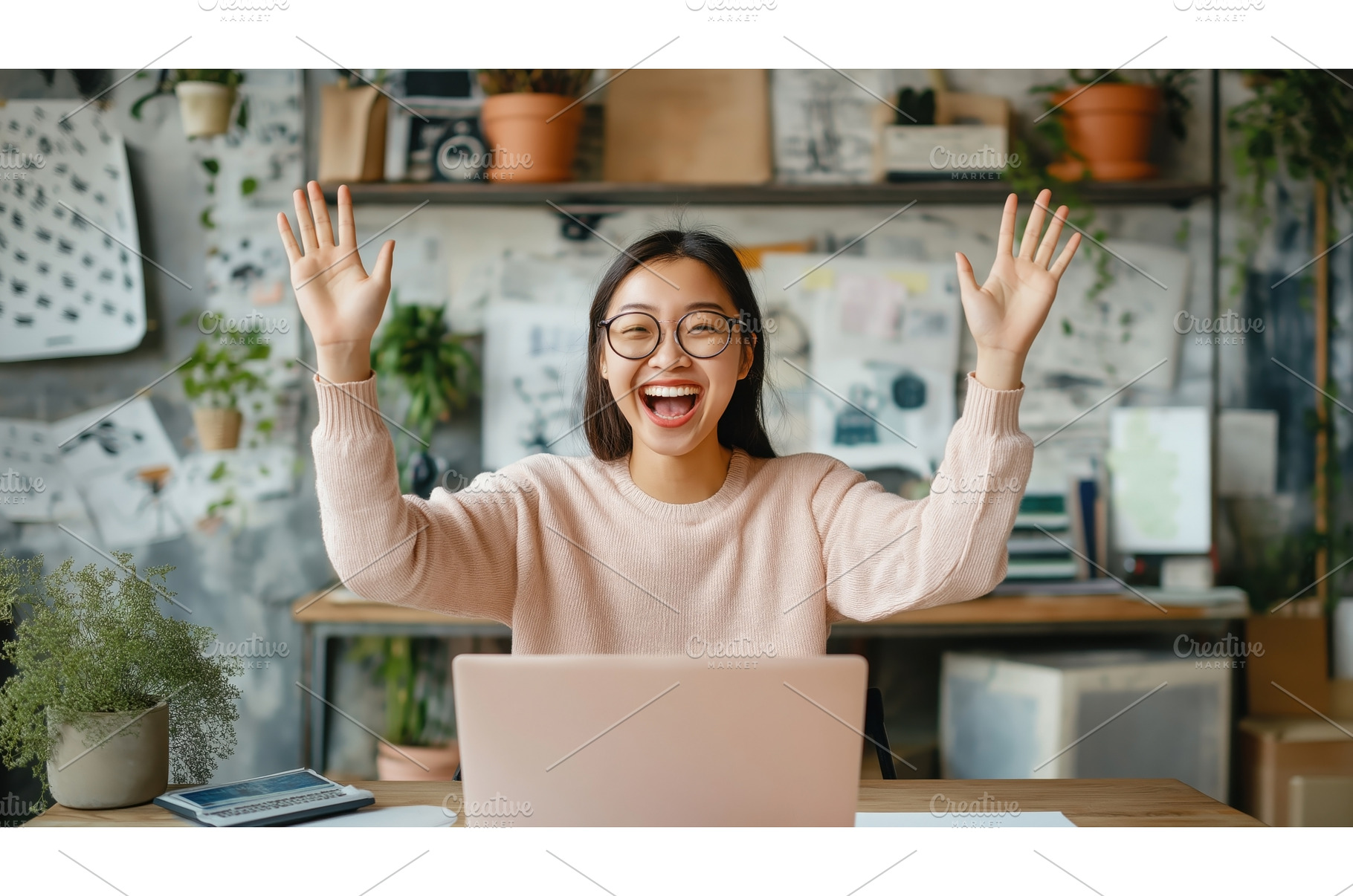 A cheerful Asian woman celebrates, a Person Photo by Sergey Kotenev
