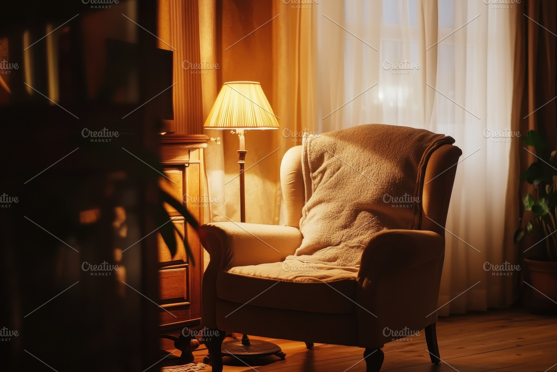 Cozy living room with armchair, a Photo by Pavel_design