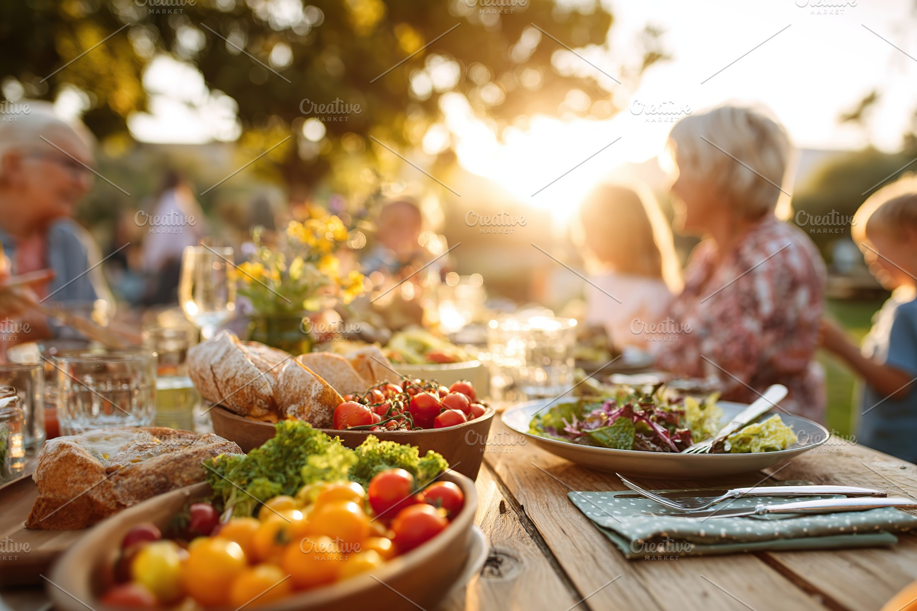 Multigenerational family enjoys outdoor celebration during sunset with deliciou, a Photo by AlyaAnd