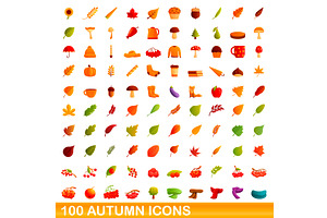 100 Autumn Icons Set, Cartoon Style