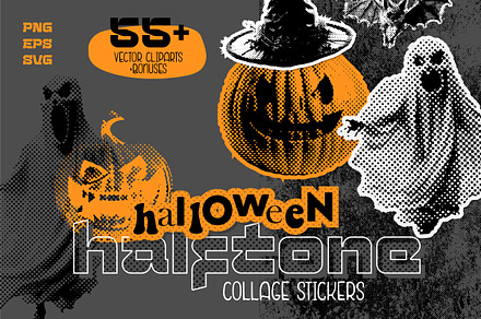 Halloween halftone collage stickers