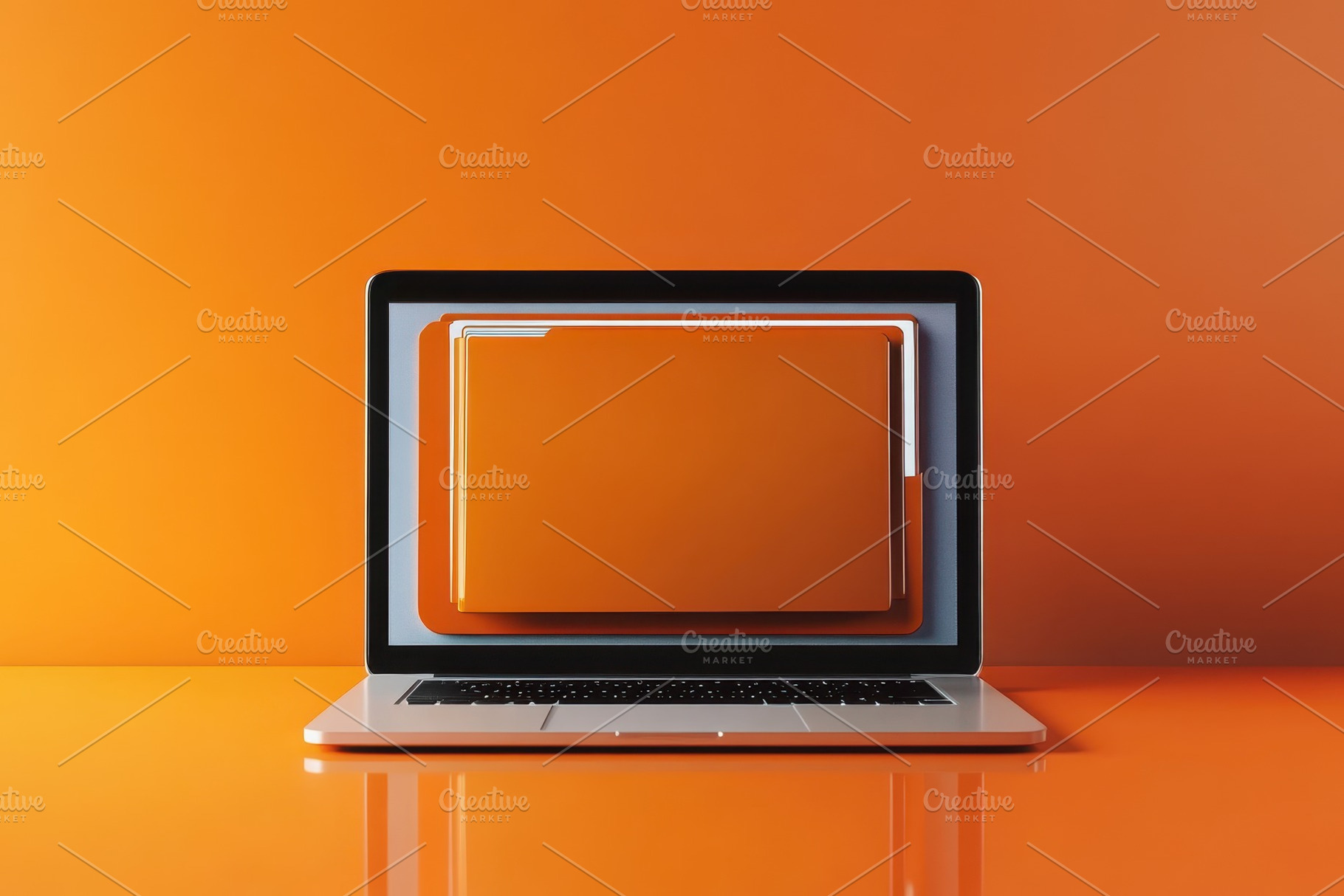 Laptop screen shows orange file icon, a Photo by Pavel_design