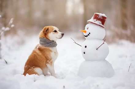 Cute dog in scarf and snowman in winter forest, an Animal Photo by colnihko