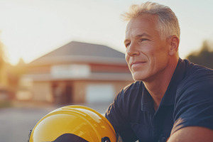Smiling firefighter in uniform holding helmet outside, bright su, a Photo by Dvoevnore photos
