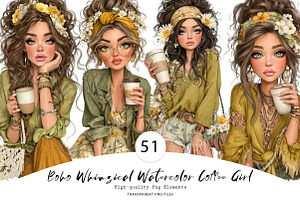 Boho Whimsical Coffee Girl Clipar, a Seasonal Illustration by CreationArt