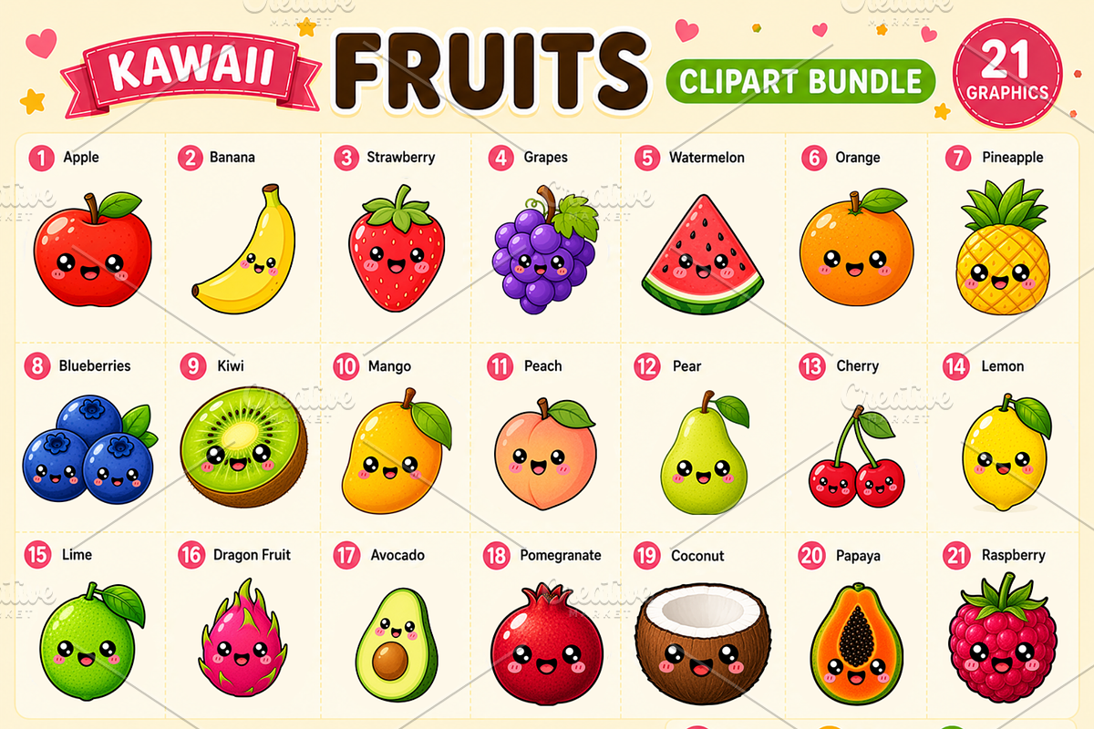 Cute Kawaii Fruits Clipart Bundle, a Food Illustration by QM_ART (Photo 2 of 4)
