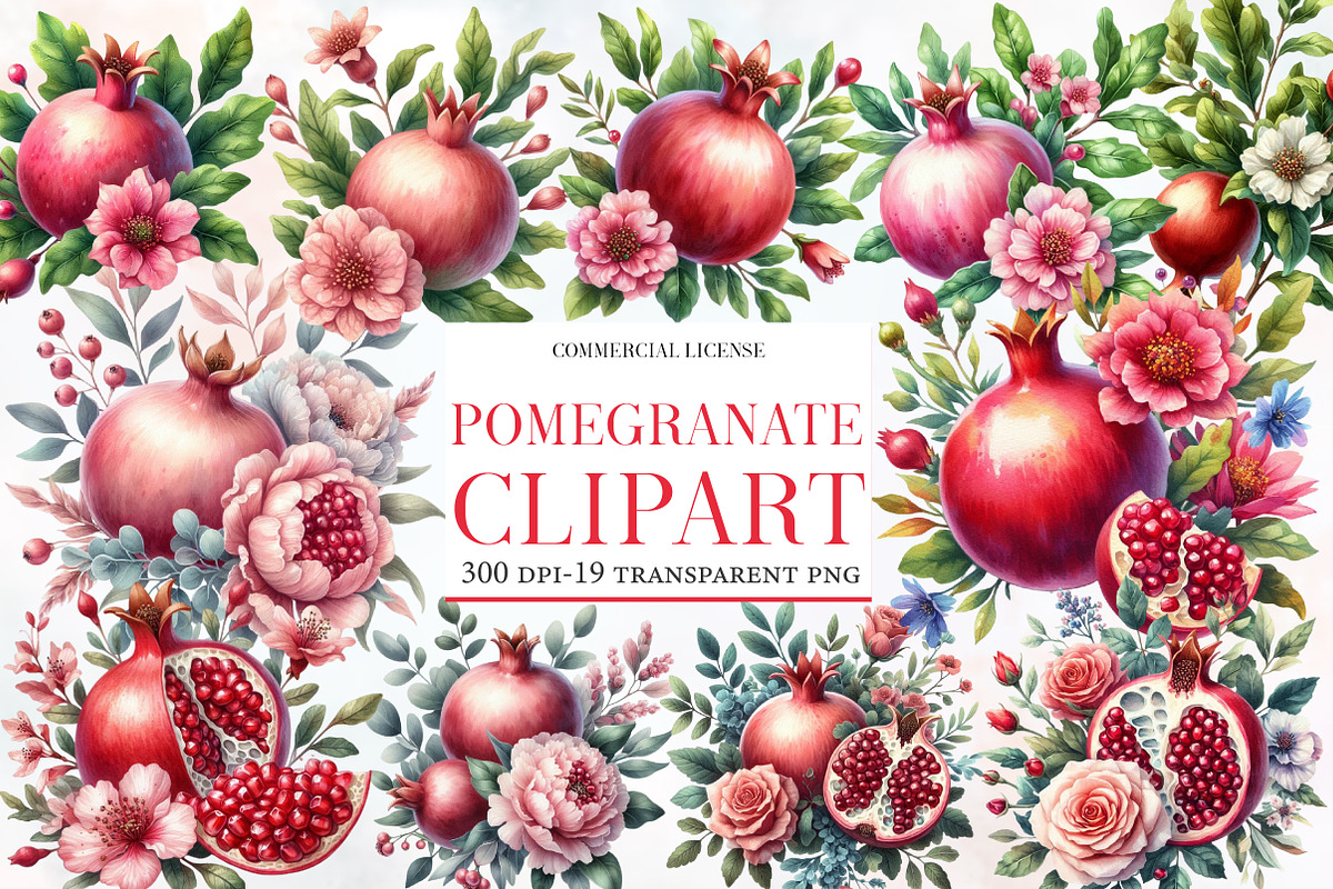 Watercolor Pomegranate Clipart, an Illustration by Designworld (Photo 1 of 6)