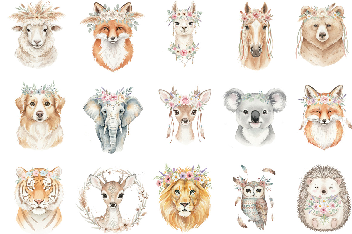 Boho Animal Portraits Watercolor, an Illustration by Designking (Photo 3 of 5)