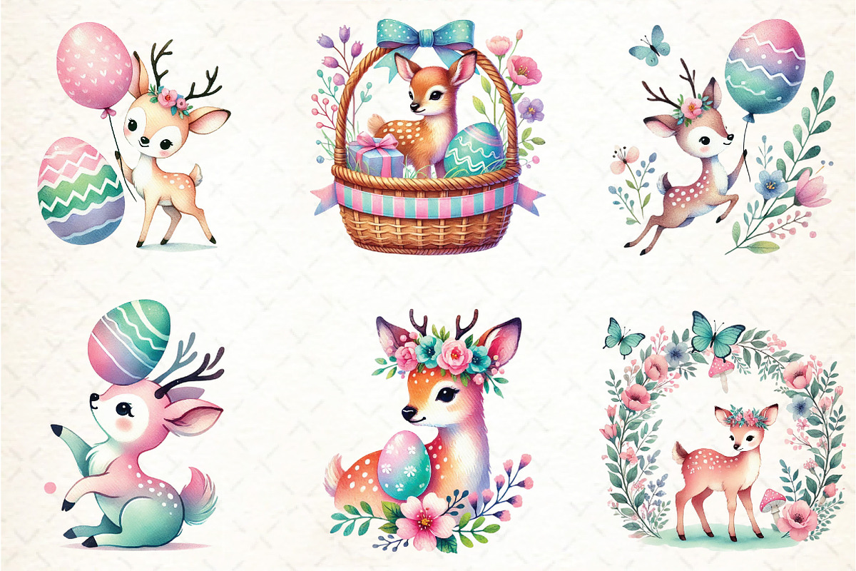Watercolor Cute Easter Deer Clipart, an Illustration by DreamCafeArt (Photo 2 of 5)