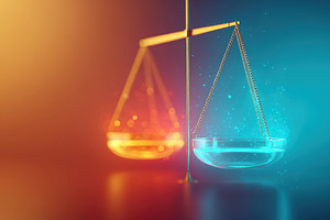 Colorful balance scale with orange and blue powders, an Abstract Photo by AlyaAnd