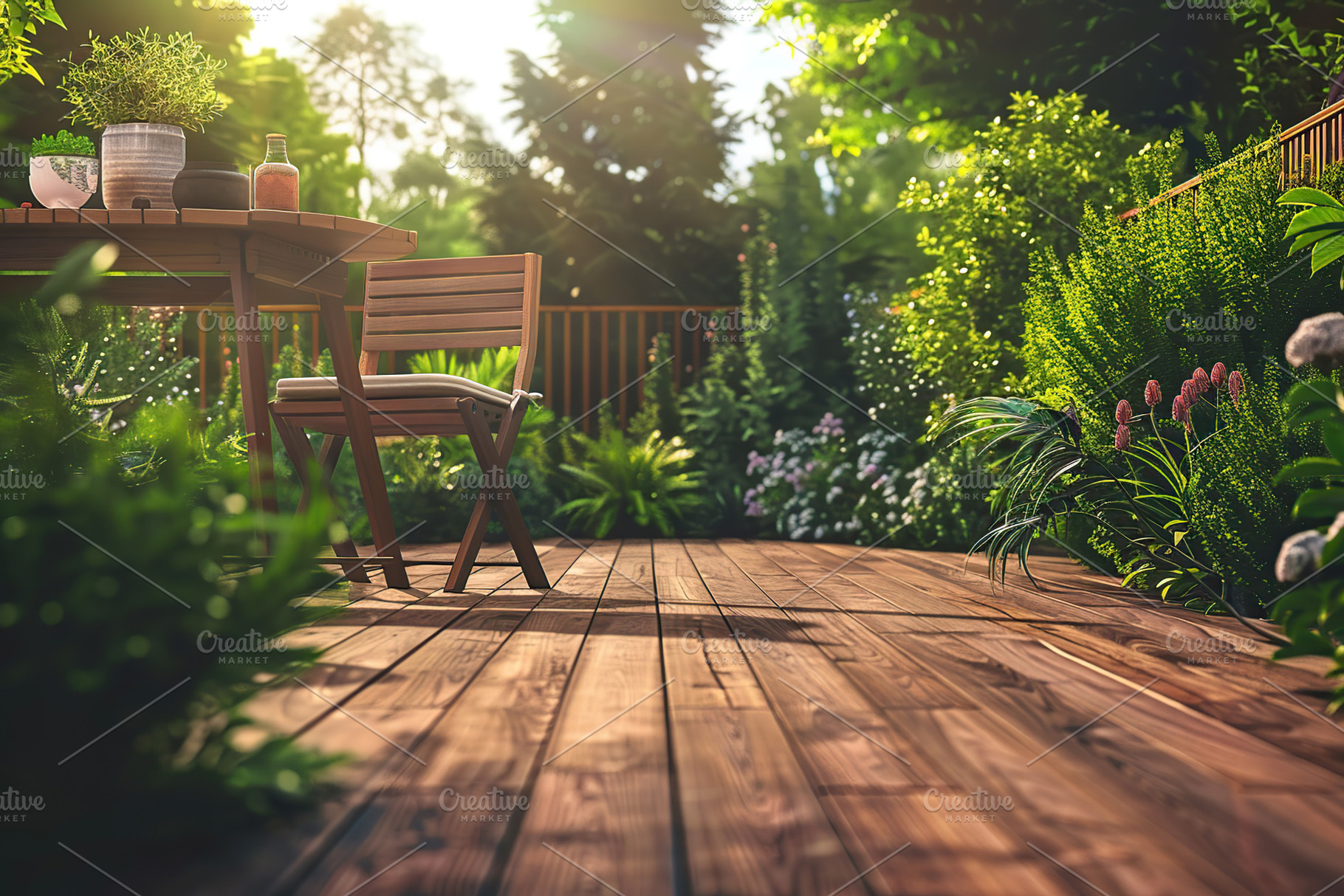Wooden terrace on green forest background, a Photo by AlyaAnd