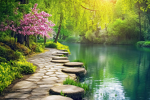 Path near the lake in the park with sun rays, a Nature Photo by AlyaAnd