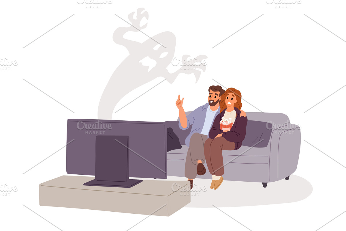 Married couple watches scary movie, a Person Illustration by Vectorbuum