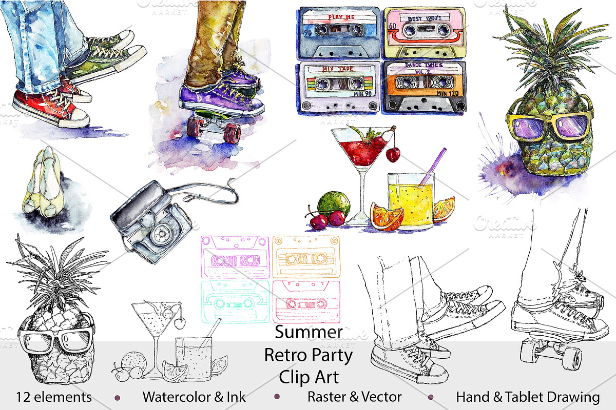 Summer Retro Party Clip Art, an Education Illustration by Watercolor_Vector Graphic (Photo 1 of 14)