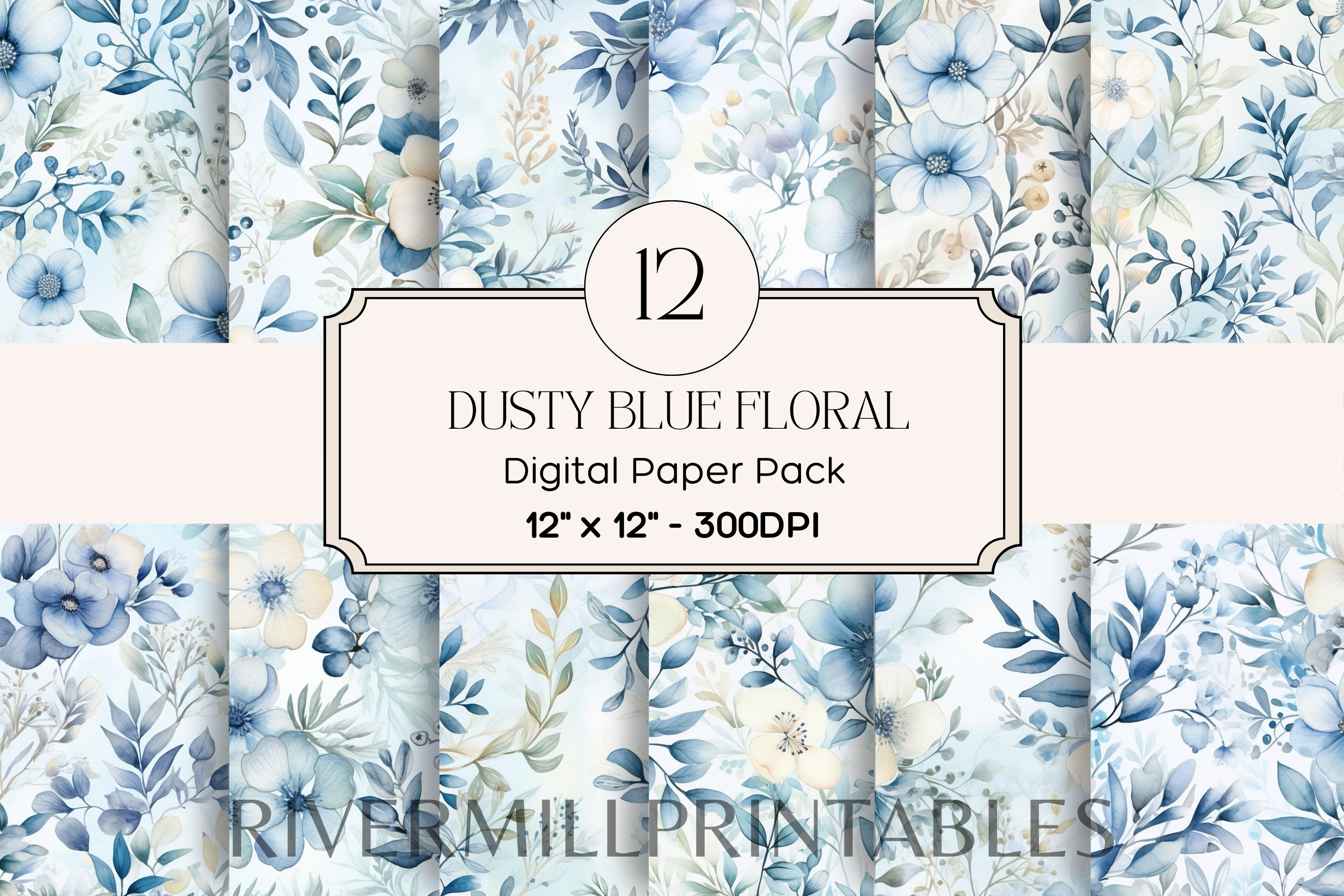 Dusty Blue Floral Digital Paper Pack, a Decorative Illustration by ...