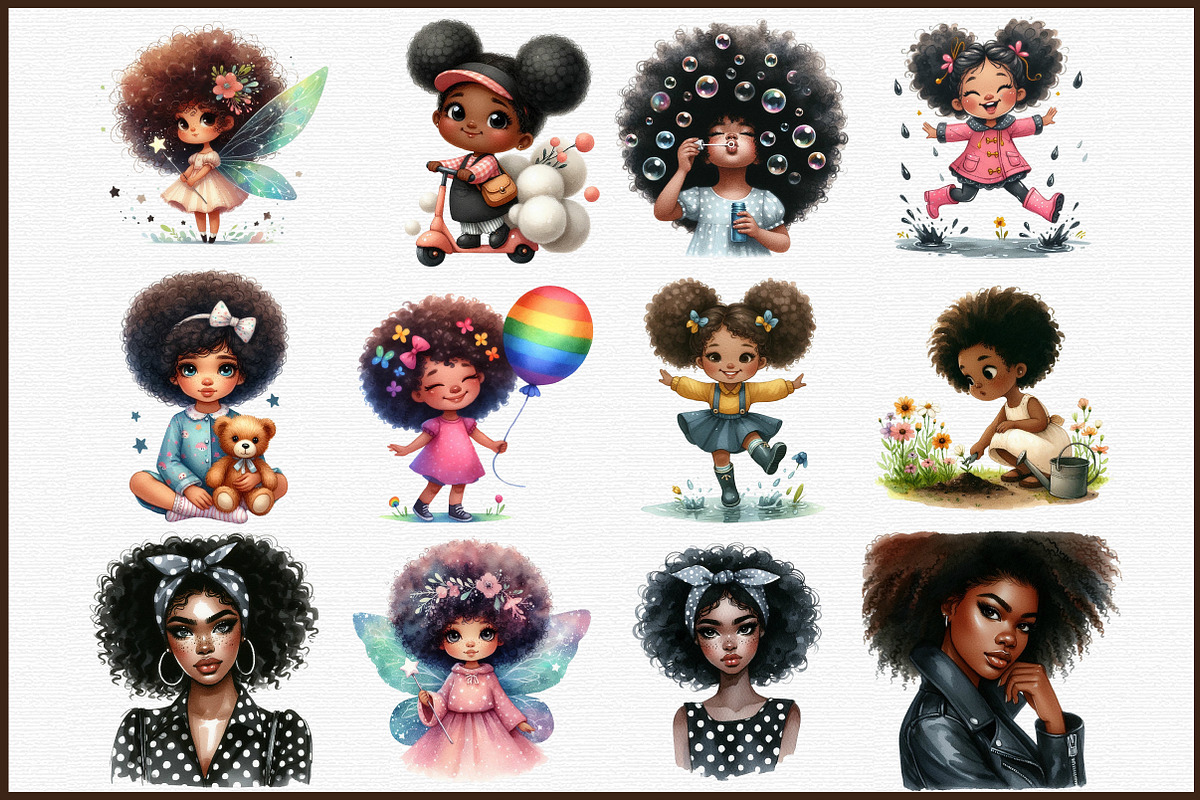 Black Girl Afro Kids Clipart Bundle, an Illustration by Sublimation Artist (Photo 3 of 6)